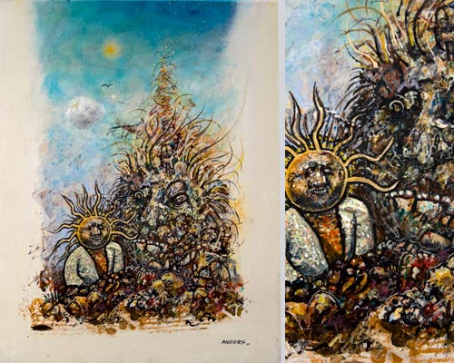 On-Our-Third-Day-Out-Again-and-Again On Our Third Day out Again and Again, painting by Anders Tomlinson, 20 x 16 inches & detail, Acrylics-canvas. Photos by Anders Tomlinson.