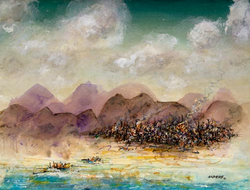 rising-tide-moves-all-species Rising Tides Move all Species, painting by Anders Tomlinson, 15 x 20 inches, acrylics-watercolor paper. Photo by Anders Tomlinson.