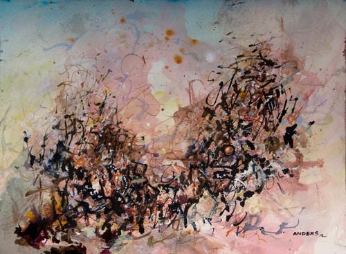 struggling-in-today's-web Struggling in Today's Web, painting by Anders Tomlinson, 12 x 16 inches, acrylics-watercolor paper. Photo by Anders Tomlinson.