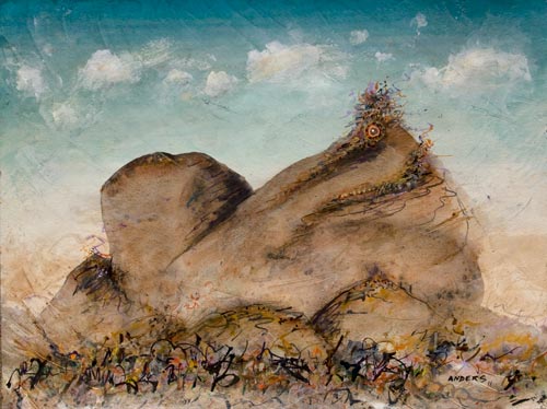 this-mountain-snores-and-giggles This Mountain Sings and Giggles, 15 x 20 inches, acrylics-watercolor paper. Photo by Anders Tomlinson.
